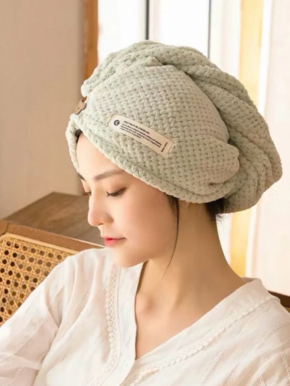 Women Hooded hair dry Towel Wrap in Mint Green, white and grey